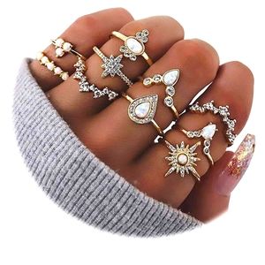 10 Piece Opal & Antique Silver Stackable Knuckle Rings NWT